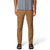 Tan brown outdoor pants with articulated knees worn with striped shirt and sandals