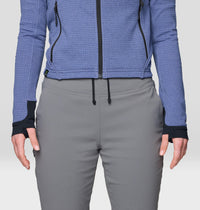 Women's gray jogger pants with elastic drawstring waistband, close-up front view