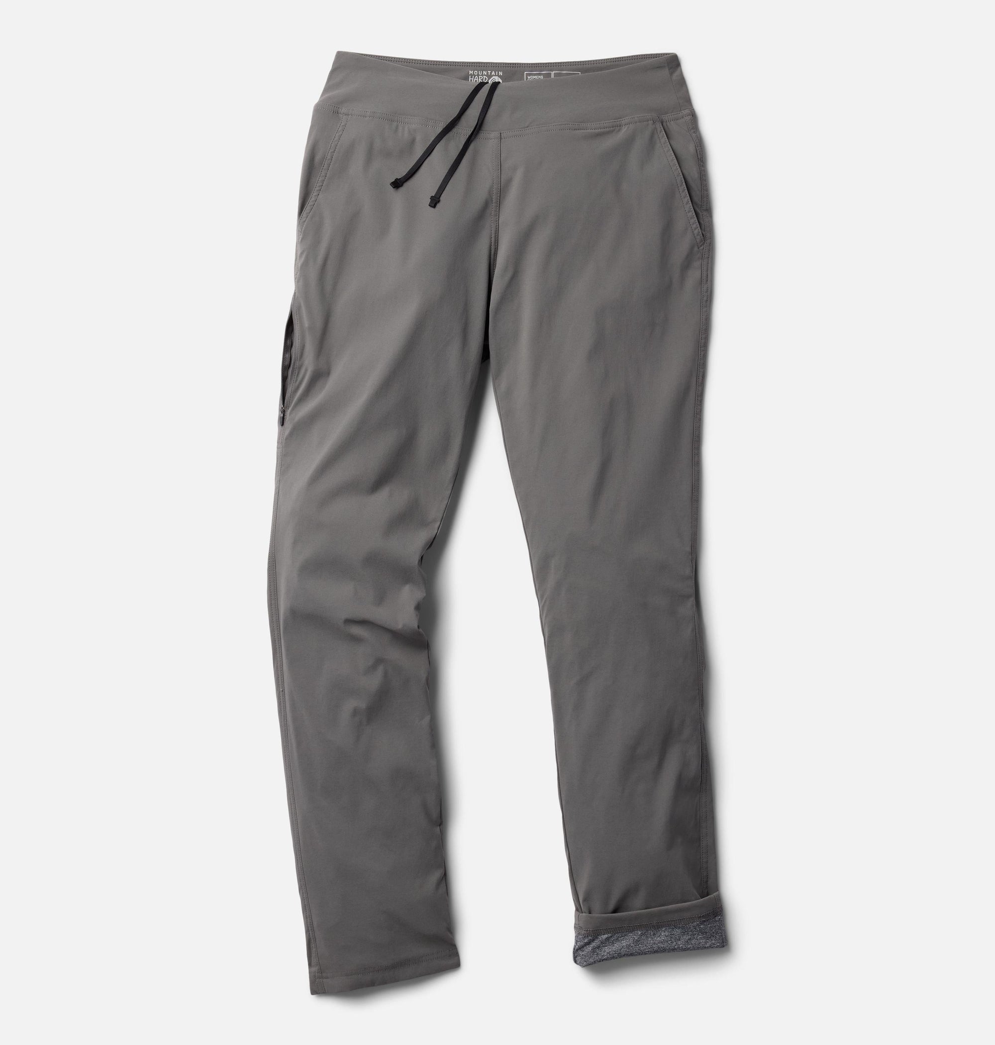 Gray lined women's pants with drawstring waist, side zip pocket, and fleece-lined cuffs, flat lay view