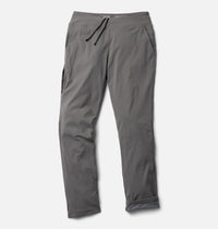 Gray lined women's pants with drawstring waist, side zip pocket, and fleece-lined cuffs, flat lay view