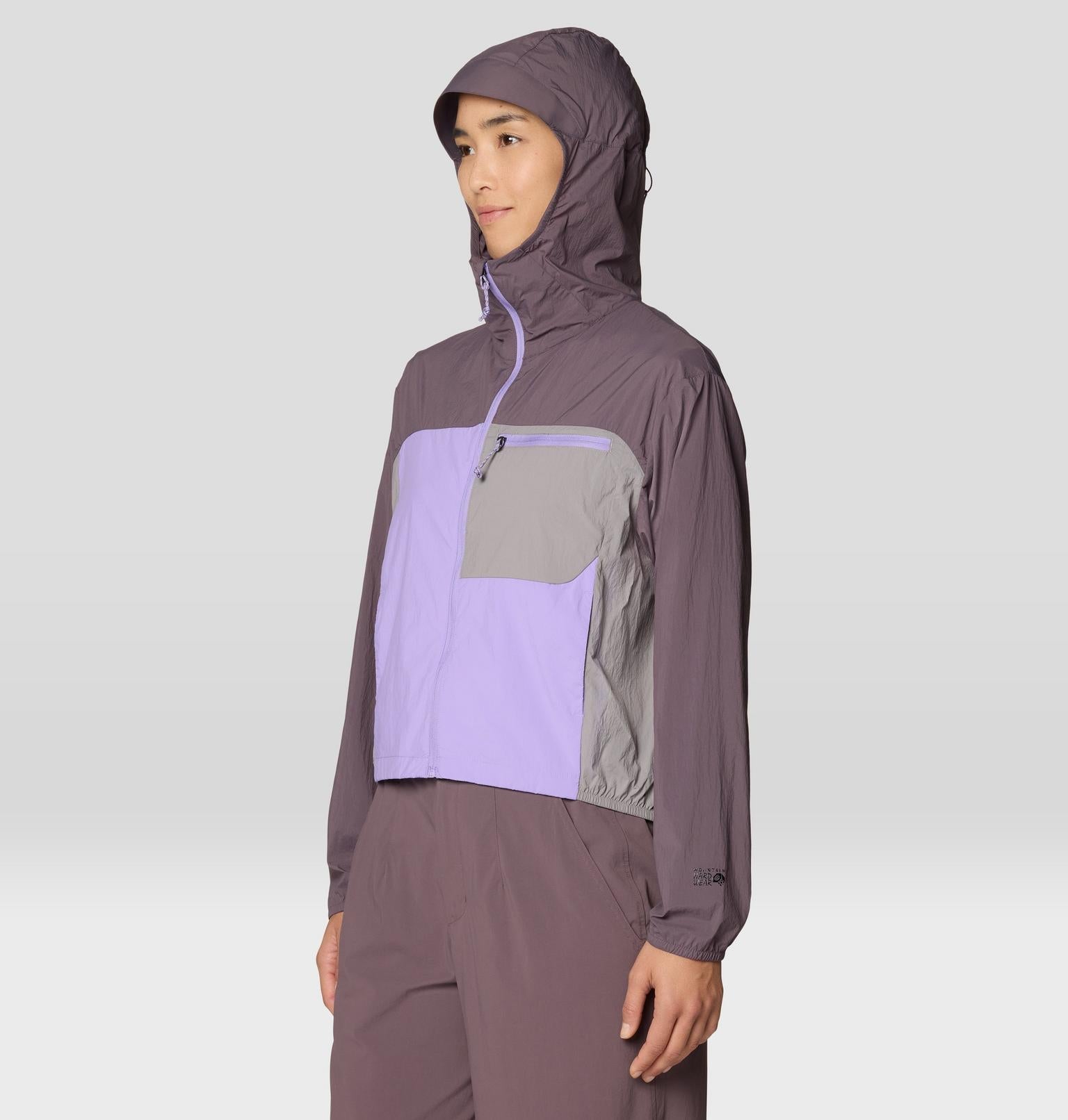 Hooded windbreaker jacket with purple and brown color blocking, front zip closure