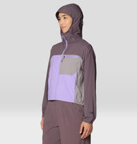 Hooded windbreaker jacket with purple and brown color blocking, front zip closure