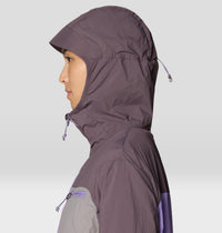 Hooded wind jacket in muted purple shown in profile view with hood up