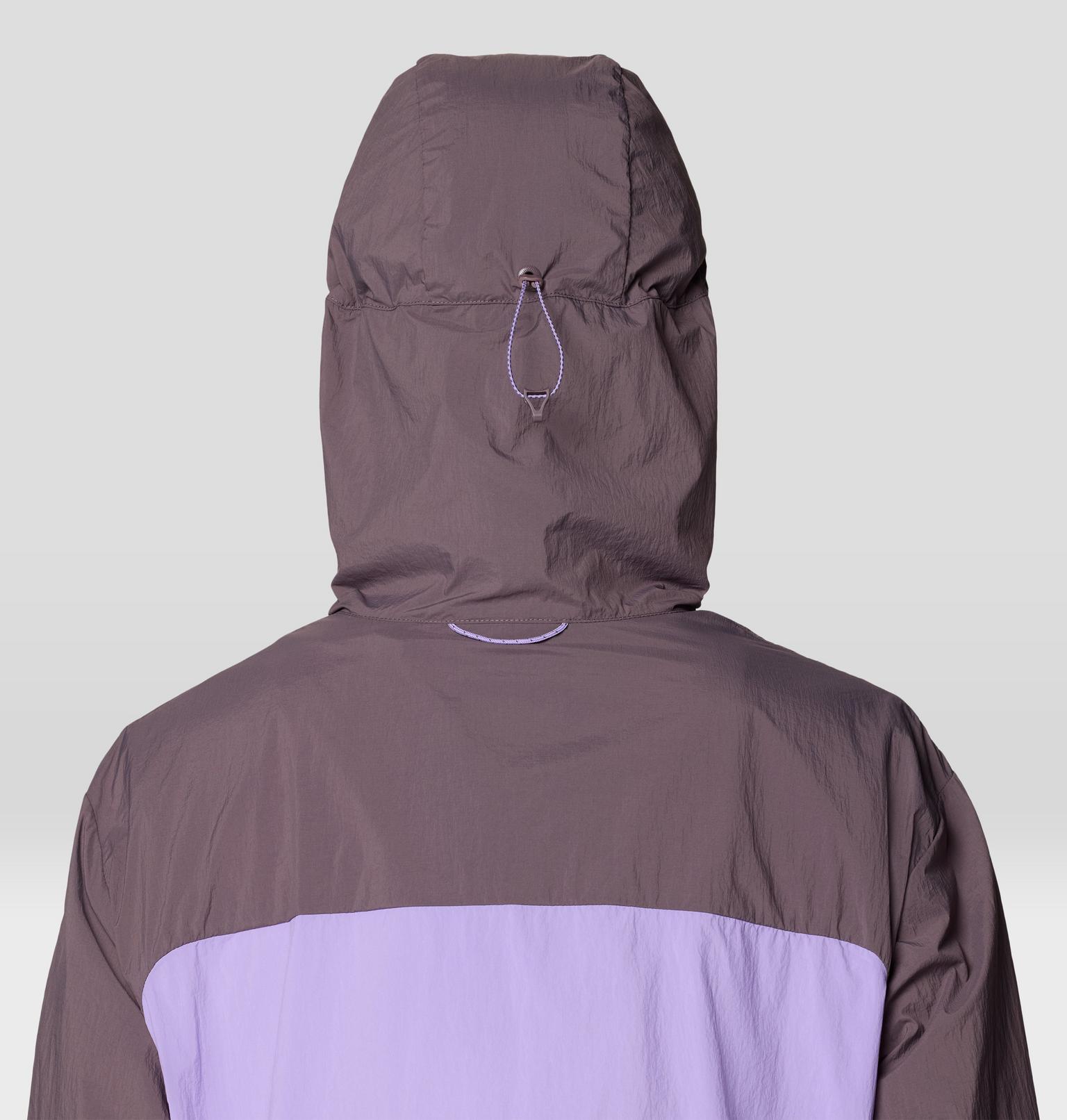 Hooded windbreaker jacket with purple color blocking, shown from back view with hood up