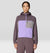Hooded windbreaker jacket in purple and gray colorblock design with front zip closure