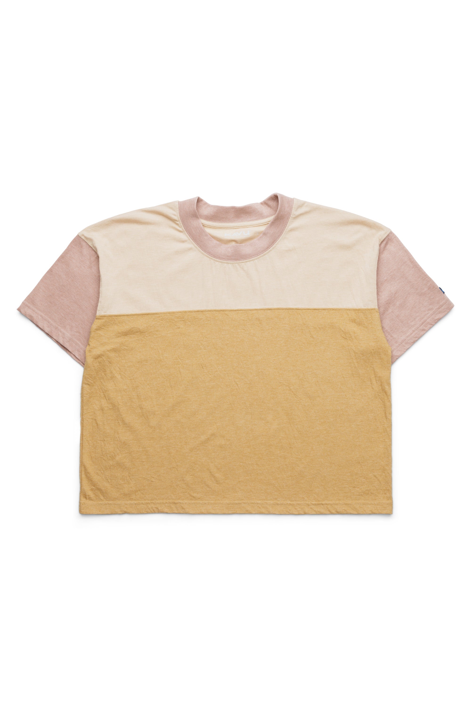 Color-blocked cropped t-shirt with cream, mustard yellow, and dusty pink sections