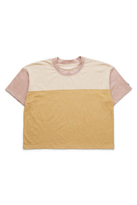 Color-blocked cropped t-shirt with cream, mustard yellow, and dusty pink sections