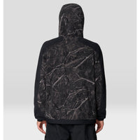 Men's fleece hoodie back view, tree branch camo print body with solid black side panels and hood