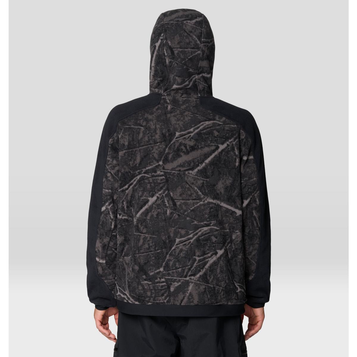 Men's fleece hoodie back view, tree camo print body with solid black sleeves and hood