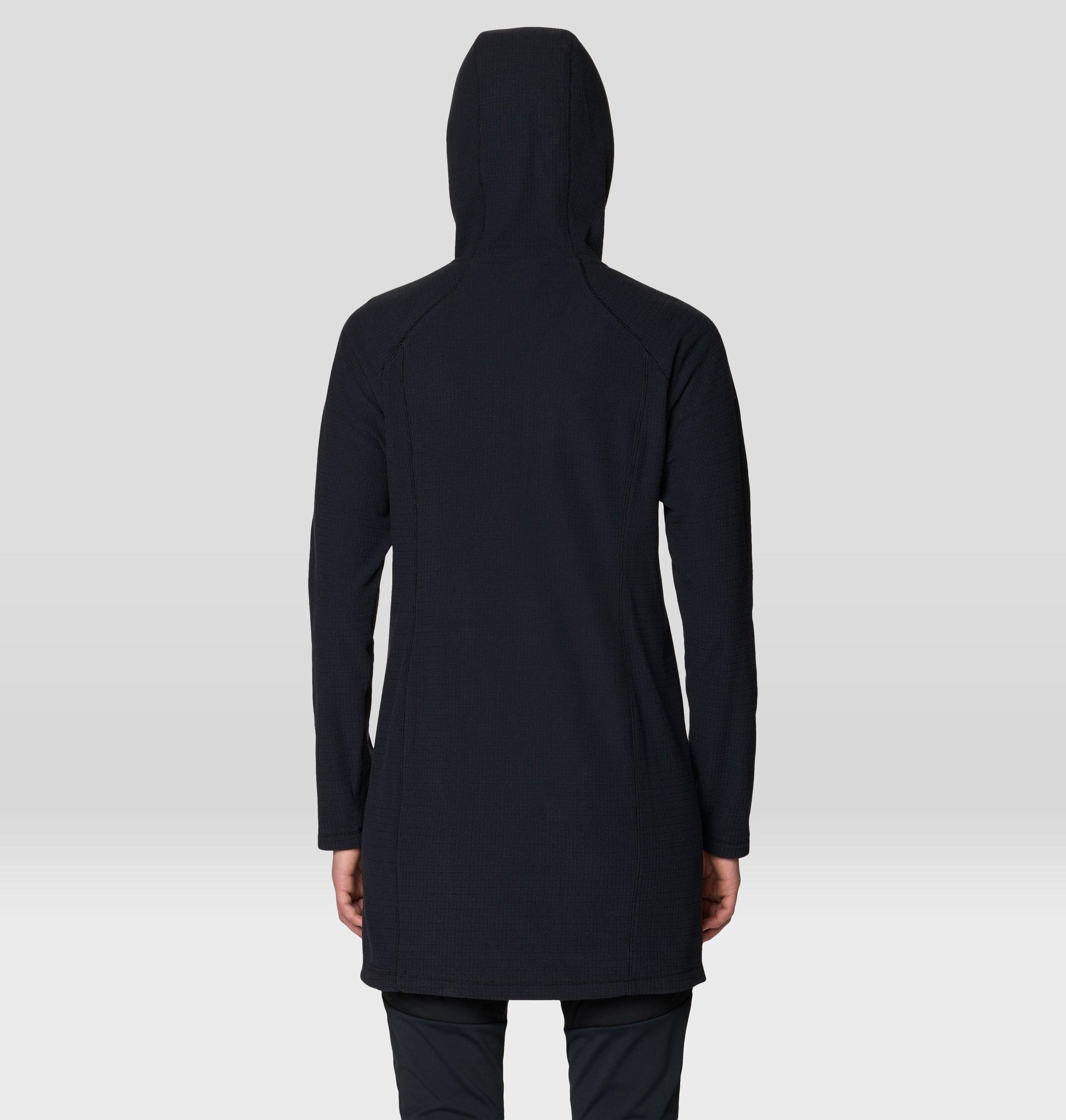 Women's long hooded fleece dress in black, back view showing grid texture and seam details