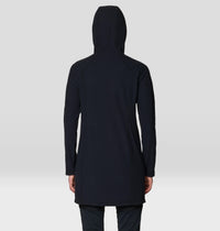 Women's long hooded fleece dress in black, back view showing grid texture and seam details