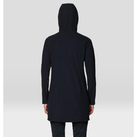 Black hooded fleece dress with grid texture, back view, knee-length silhouette