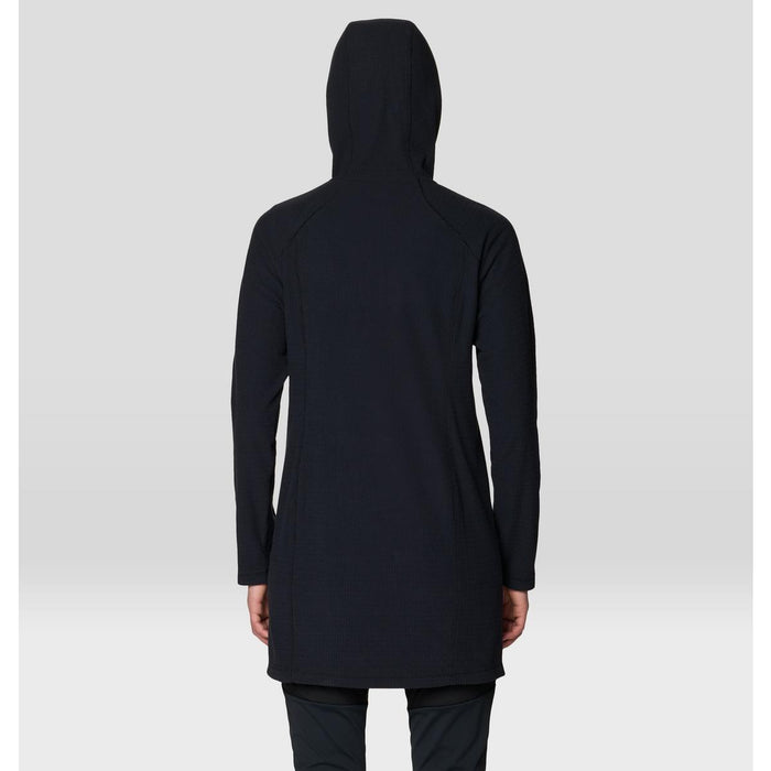 Black hooded fleece dress with grid texture, back view, knee-length silhouette