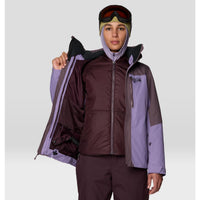 Women's 3-in-1 ski jacket shown open revealing inner insulated layer, color-block purple tones