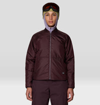 Women's insulated zip-up jacket in dark burgundy, front view, with cropped silhouette