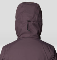 Back view of hooded jacket showing adjustable hood with brim and drawcord detail