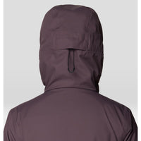 Back view of hooded insulated jacket with adjustable drawcord and structured hood detail