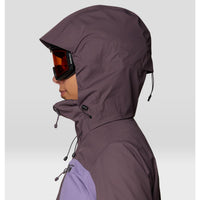 Close-up side view of hooded ski jacket with ski goggles, showing helmet-compatible hood and adjustable drawcords