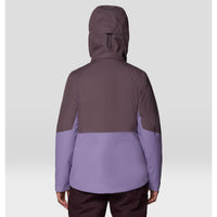Women's hooded ski jacket back view, two-tone purple colorblock with adjustable hood