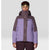 Women's ski jacket in two-tone purple with hood, full zip, and chest pocket, front view on model