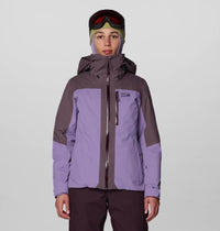 Two-tone purple ski jacket with hood, chest zip pocket, and colorblock panels, front view