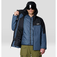 Men's insulated ski jacket shown open revealing quilted liner, with hood and ski goggles, front view