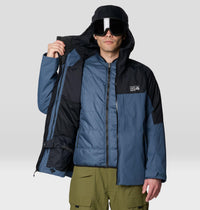 Men's 3-in-1 ski jacket opened to show insulated inner layer, worn with ski goggles, front view