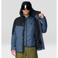 Men's 3-in-1 ski jacket open to reveal insulated liner, with hood and goggles, front view