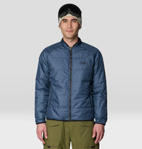 Men's insulated quilted full-zip jacket in blue, front view on model with ski goggles