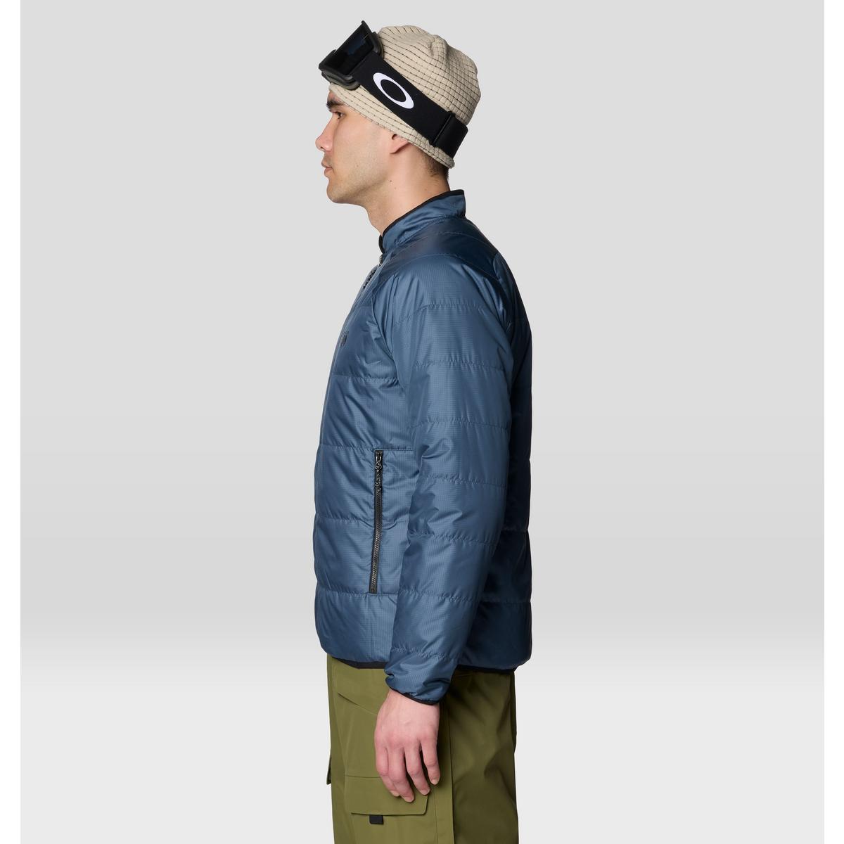 Men's insulated puffer jacket in blue, side view, with zip pocket and stand collar
