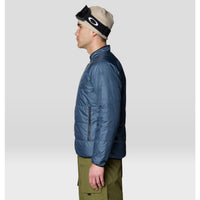 Men's insulated puffer jacket in blue, side view, with zip pocket and stand collar