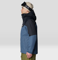Men's ski jacket with blue and black colorblock design, hooded, side view on model
