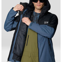 Men's insulated hooded jacket open to show interior lining, blue and black colorblock design
