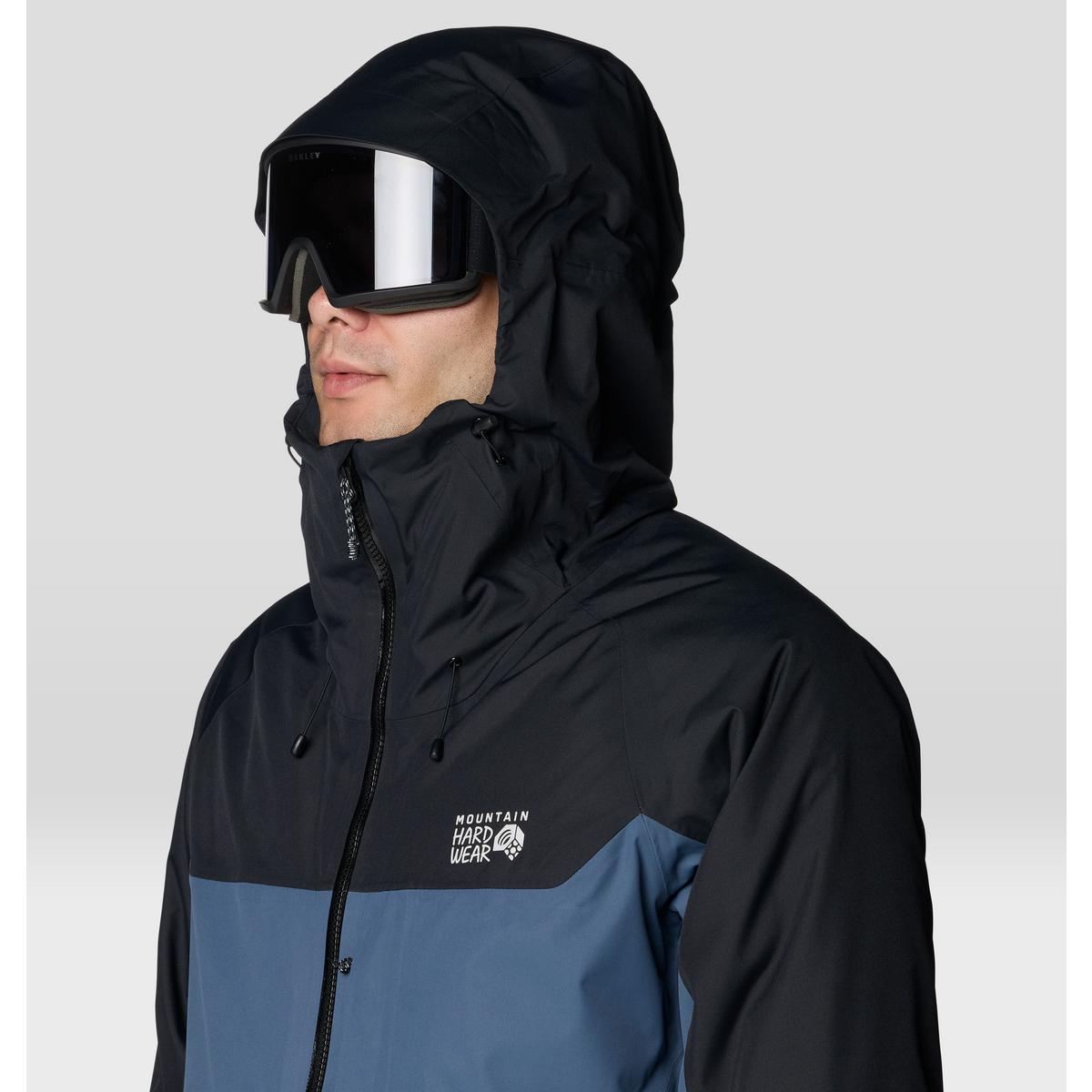 Men's hooded ski jacket with goggle-compatible hood, two-tone colorblock design, close-up view