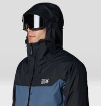 Men's hooded ski jacket close-up with goggles, two-tone blue and black colorblock design
