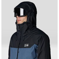 Men's hooded ski jacket with goggle-compatible hood, two-tone colorblock design, close-up view