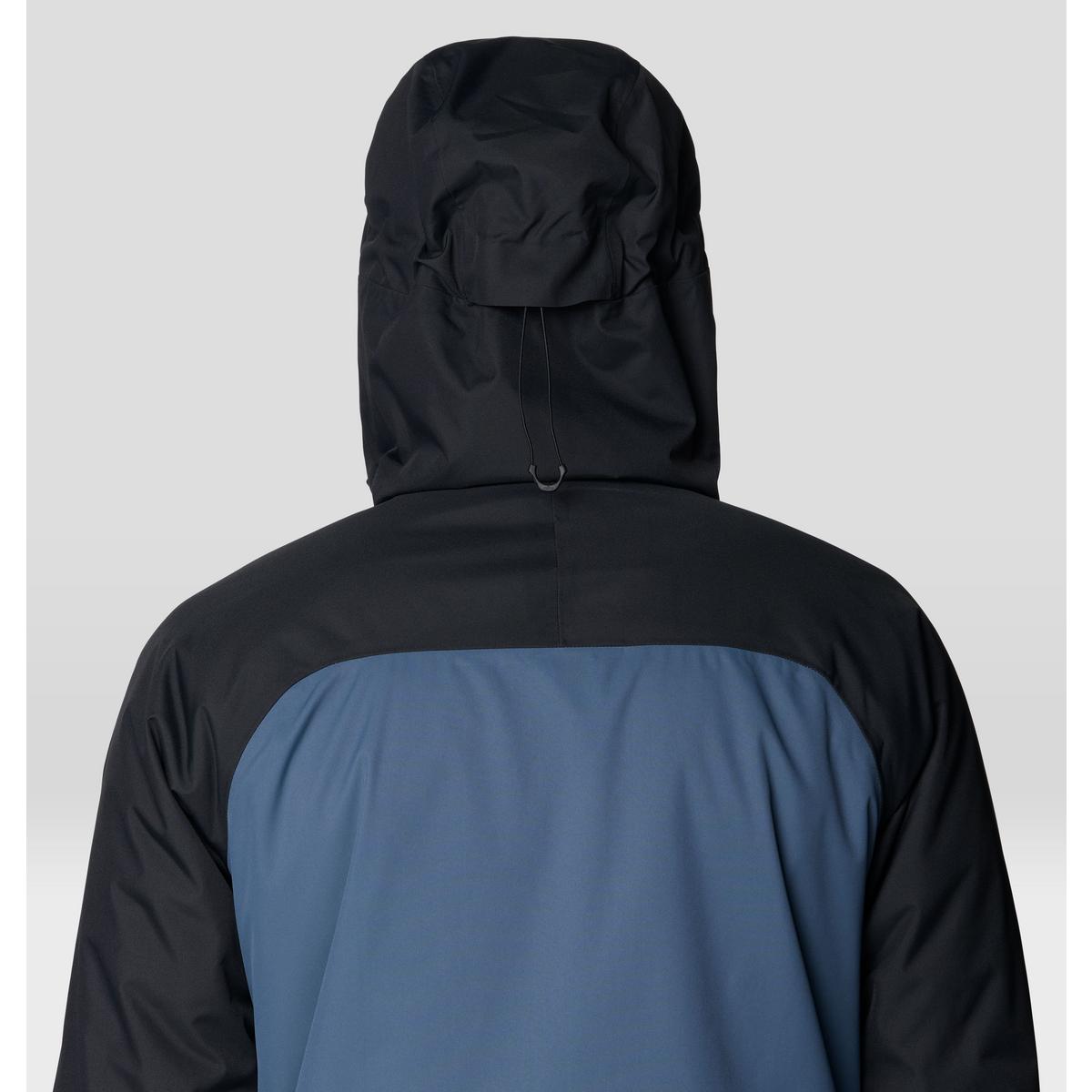 Men's insulated hooded jacket back view, two-tone blue and black with adjustable hood