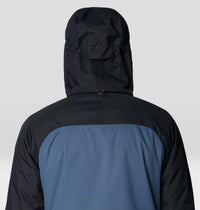 Men's insulated hooded jacket, back view, two-tone blue and black colorblock design