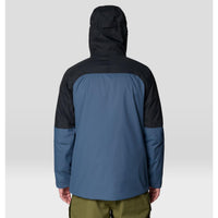 Men's insulated hooded jacket, back view, two-tone blue and black colorblock design