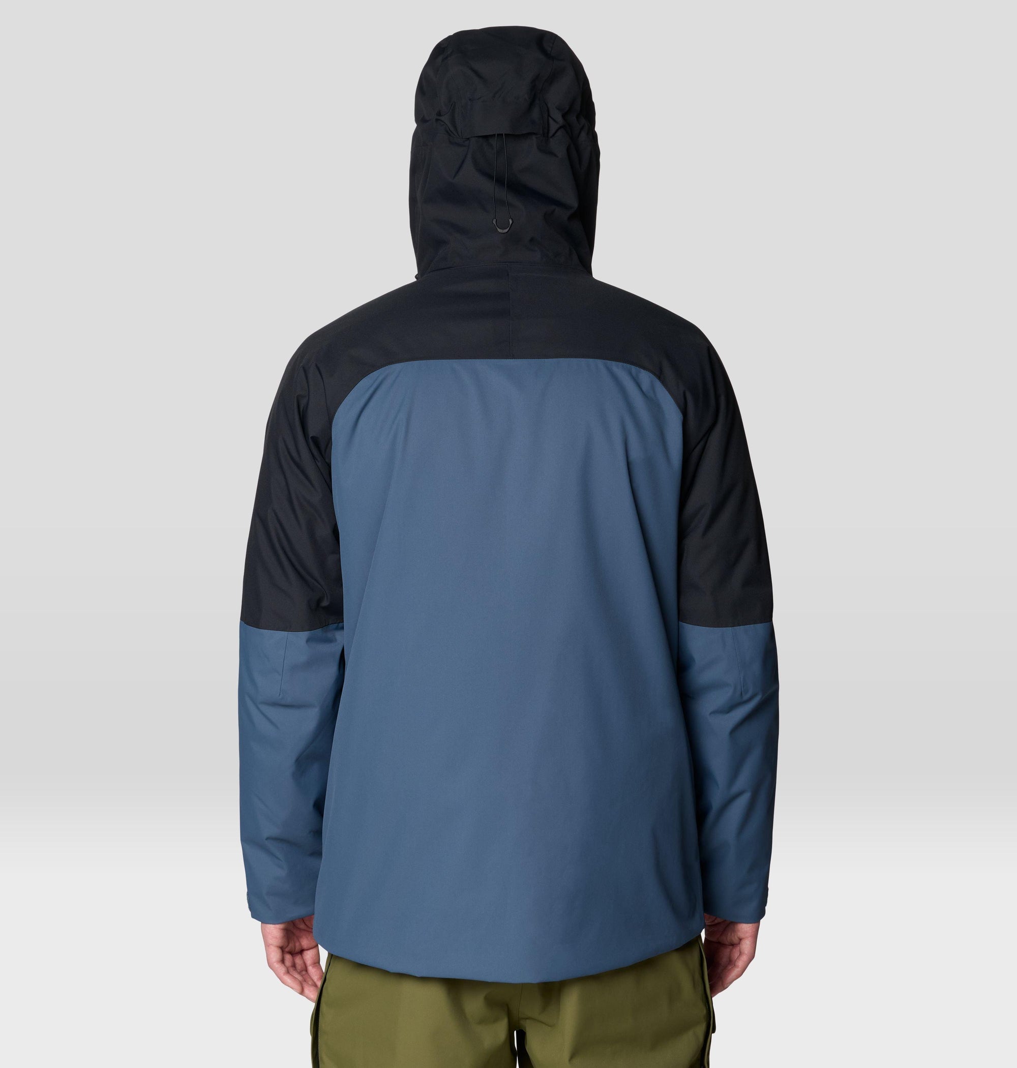 Men's insulated hooded jacket, back view, two-tone blue and black colorblock design