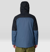Men's insulated hooded jacket, back view, two-tone blue and black colorblock design