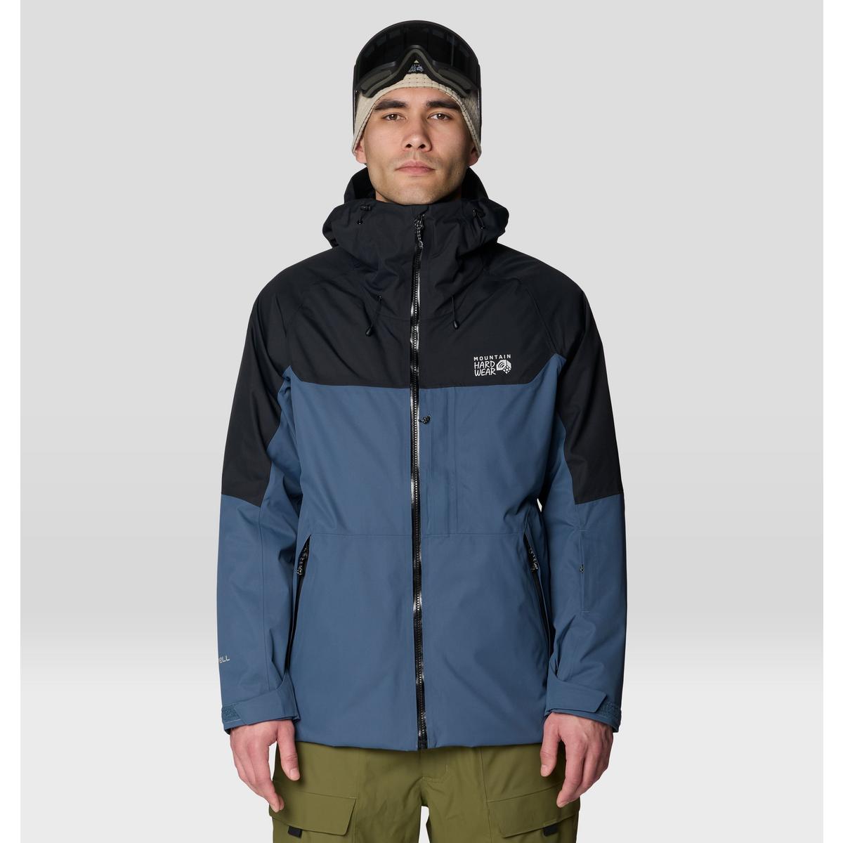 Men's two-tone ski jacket with black hood and shoulders, blue body, front view on model