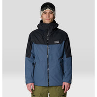 Men's two-tone ski jacket with black hood and shoulders, blue body, front view on model