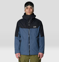 Men's hooded shell jacket in two-tone blue and black colorblock, front view on model
