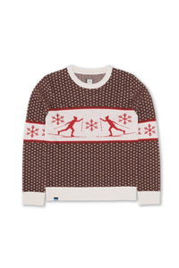 Crew neck knit sweater with brown dotted pattern and cream band featuring red skiers and snowflakes