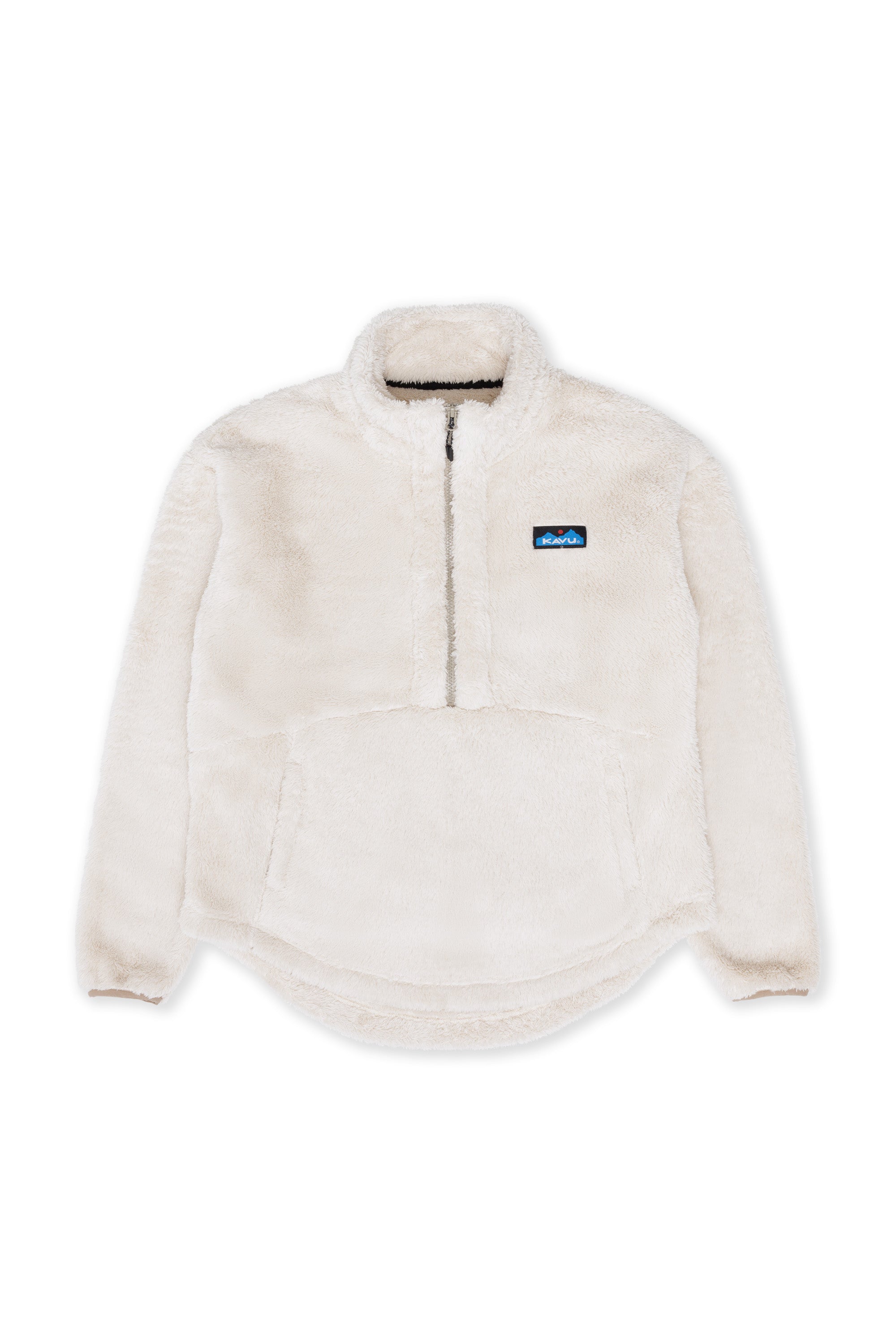 Cream sherpa fleece half-zip pullover with kangaroo pocket and stand collar, front view