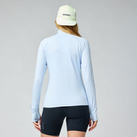 Light blue long-sleeve athletic shirt with half zip, shown from back view