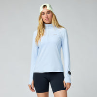 Light blue athletic half-zip pullover with long sleeves on model, front view