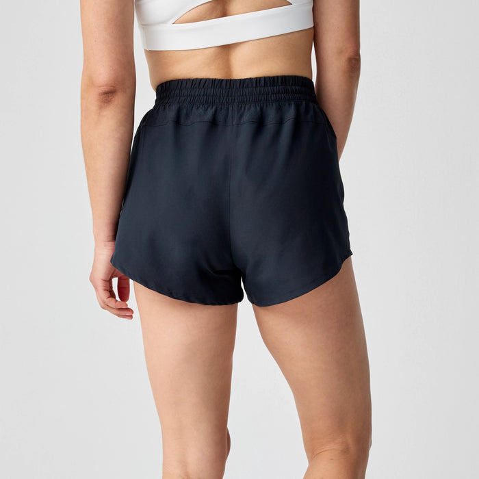Black athletic running shorts with elastic waistband shown from back view on model