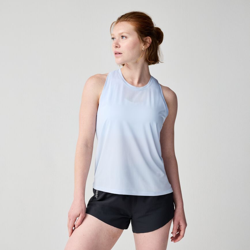 Light blue sleeveless athletic tank top with racerback design on female model
